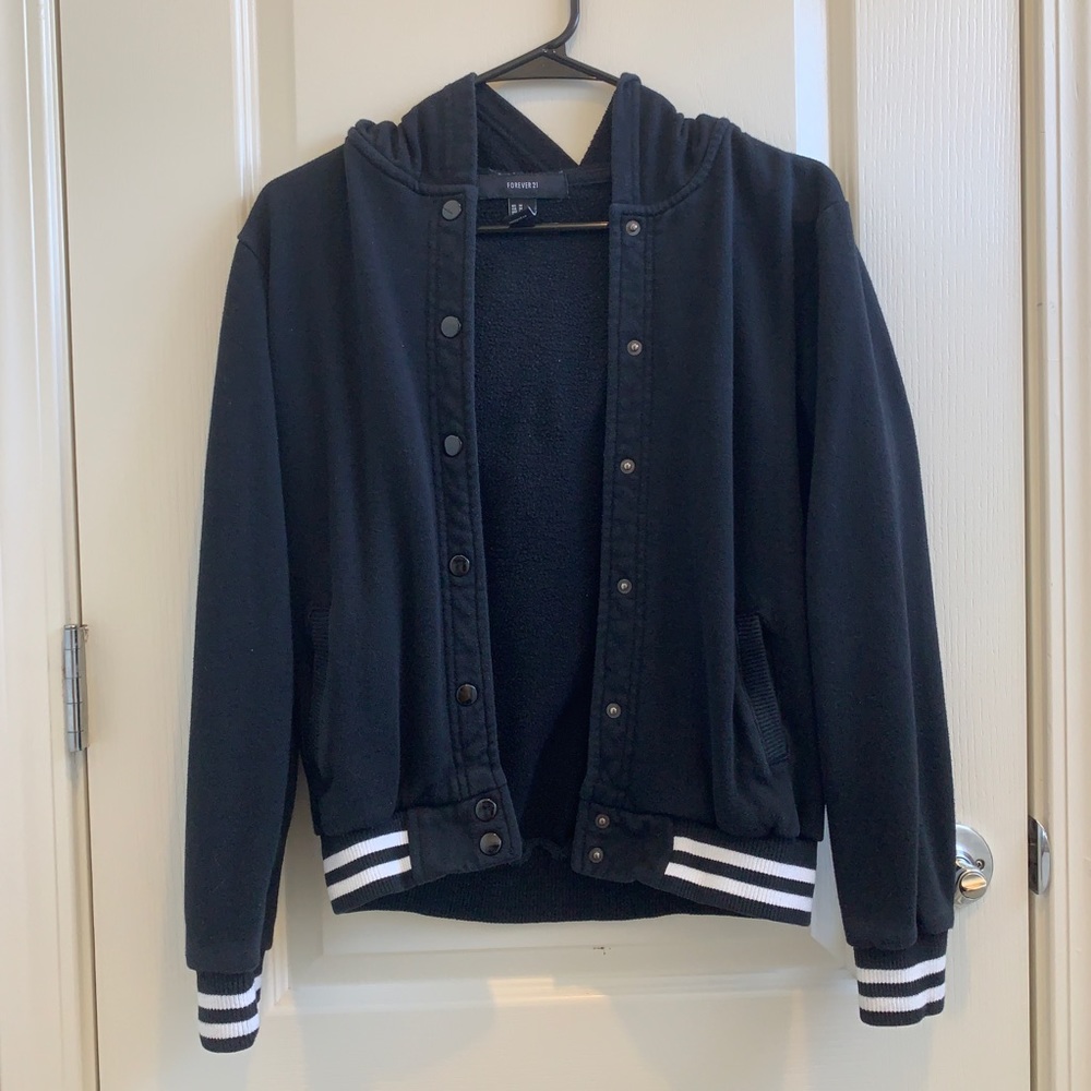 Hooded button up black baseball jacket